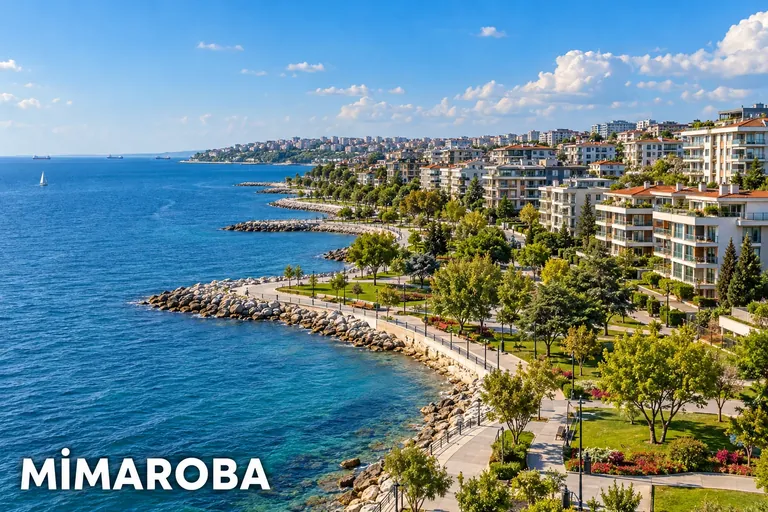 Mimaroba başlıklı görsel: deniz, sahil yürüyüş yolu ve kıyıdaki konutlar