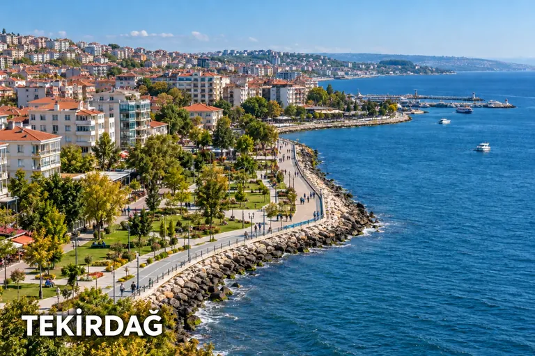Tekirdağ başlıklı görsel: deniz kıyısındaki park, yürüyüş yolu ve liman