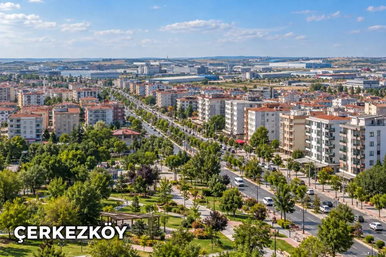 Çerkezköy başlıklı görsel: park, konutlar ve uzakta sanayi yapıları