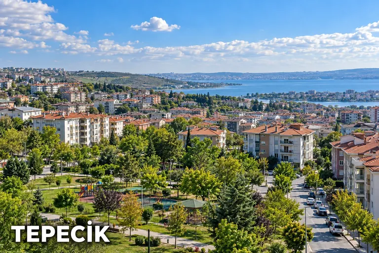 Tepecik başlıklı görsel: yeşil park, konutlar ve uzakta göl