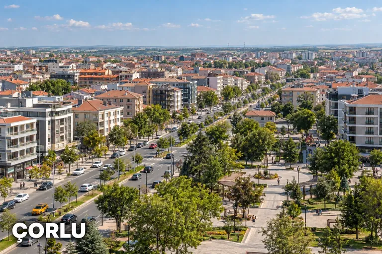 Çorlu başlıklı görsel: konutlar arasında uzanan bulvar ve yeşil park